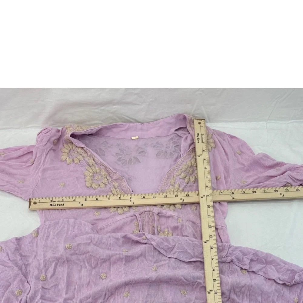 Free People Lavender Embroidered Gauze Boho Midi Dress V-Neck Purple 3/4 Sleeve